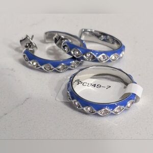 NWT Set, Blue Enamel Earrings With Matching Ring, Size 7.